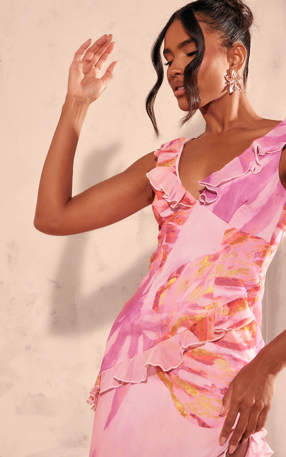 Buduima Pink Floral Asymmetric Frill Split Dress