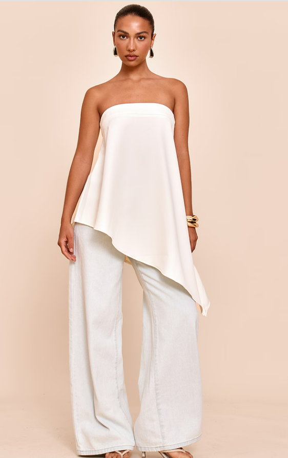Buduima Cream Woven Asymmetric Floaty Long Top